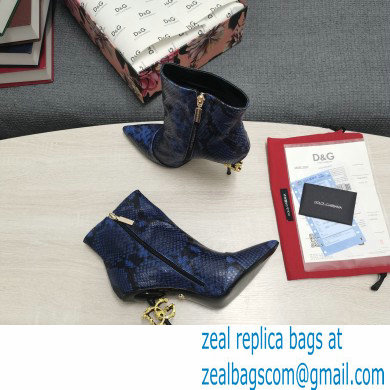 Dolce  &  Gabbana Thin Heel 10.5cm Leather Ankle Boots Snake Print Blue with Baroque DG Heel 2021